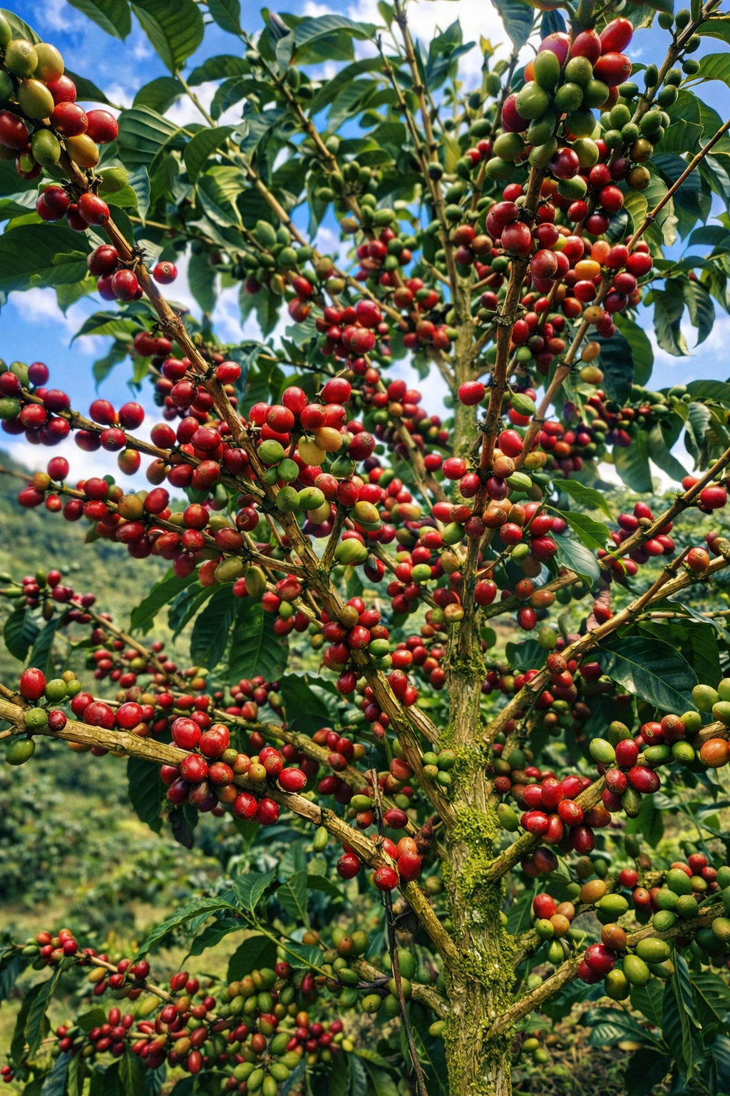 Cerezos de café maduros listos para el beneficio